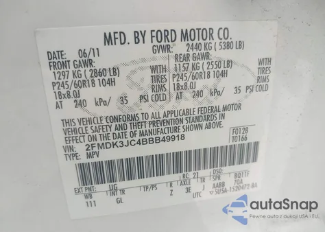 2011 Ford Edge Sel z USA, uszkodzony, nr VIN 2FMDK3JC4BBB49918